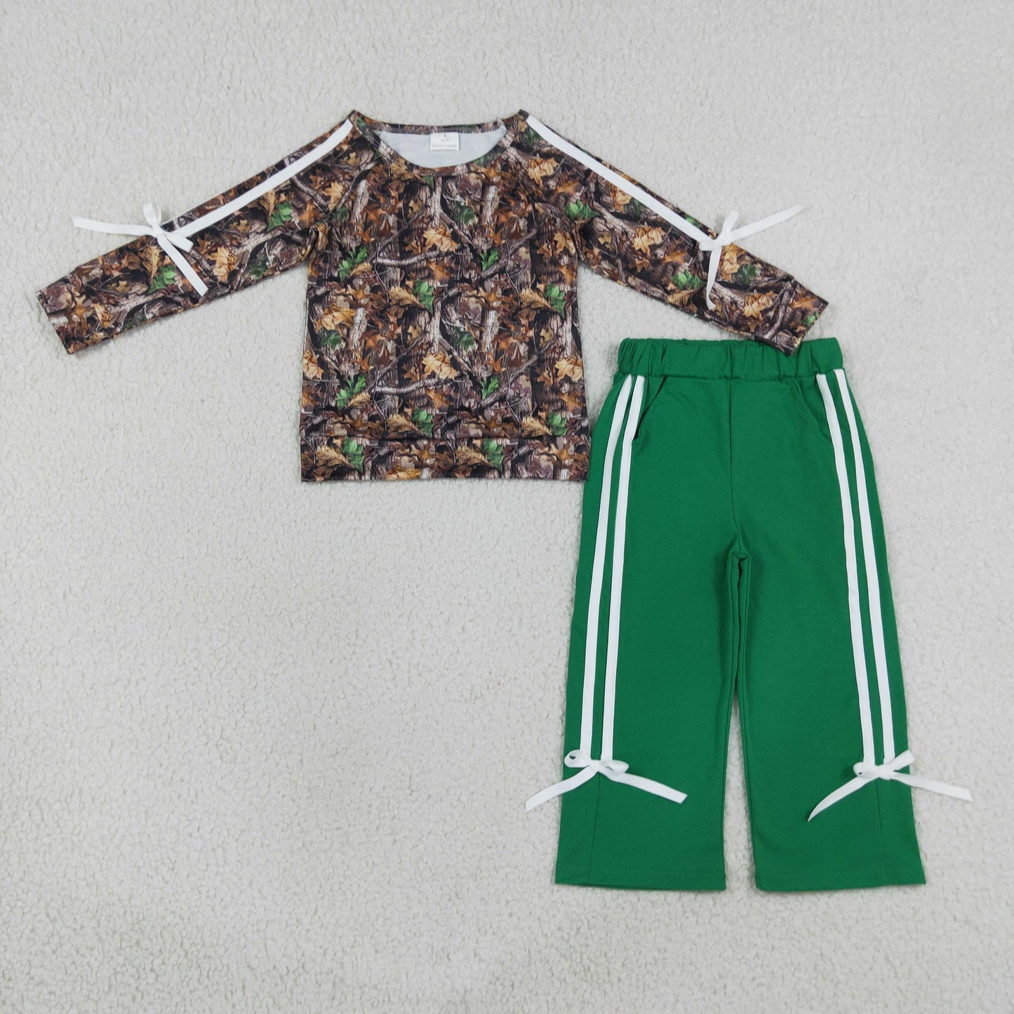 GLP3358 RTS NO MOQ （In stock）milk silk Baby Girls Long Sleeve Leaves Camo Top Pockets Bows Pant Clothes Sets