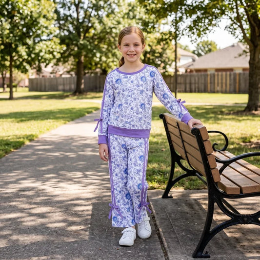 RTS NO MOQ （In stock）milk silk GLP3365 Baby Girls Floral Print Long Sleeve Top Pockets Flare Pant Fall Outfit Set
