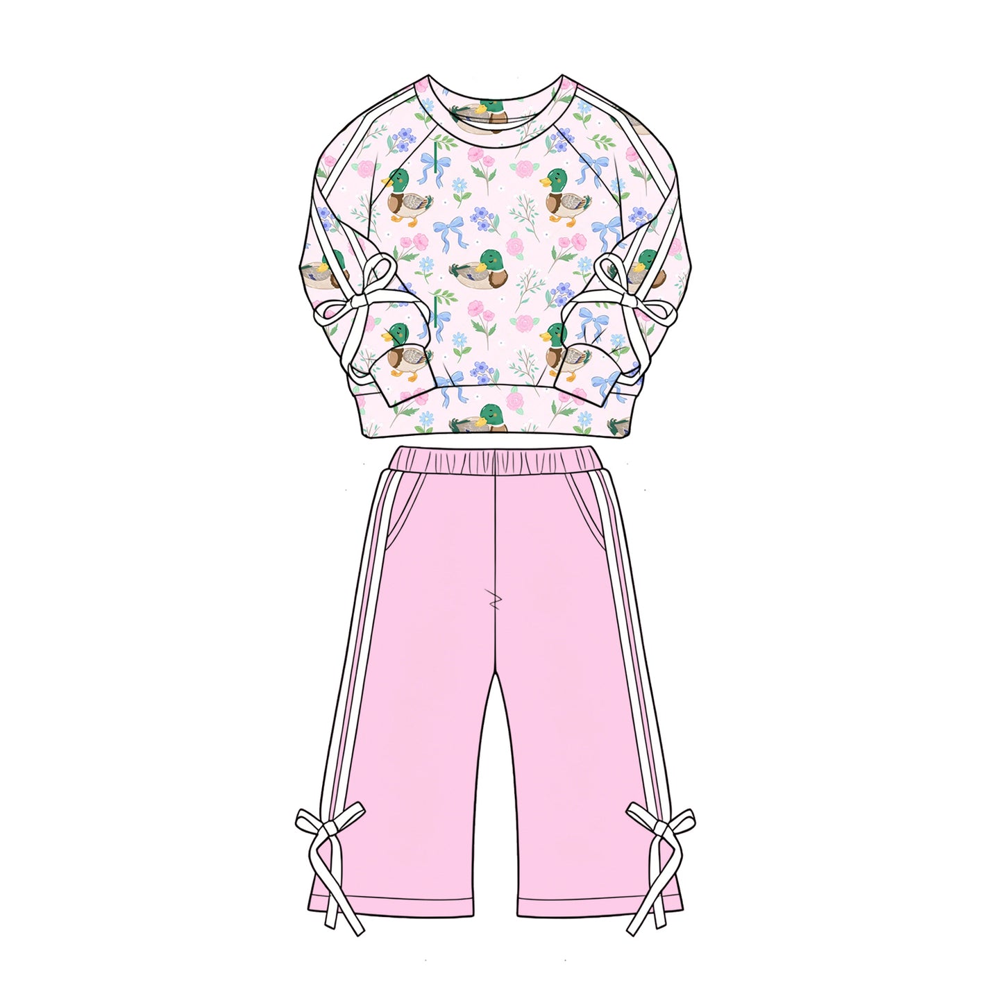 5.1 Pre order No Moq Baby Girls Ducks Flowers Top Pockets Flare Pant Hunting Clothes Sets dress and romper