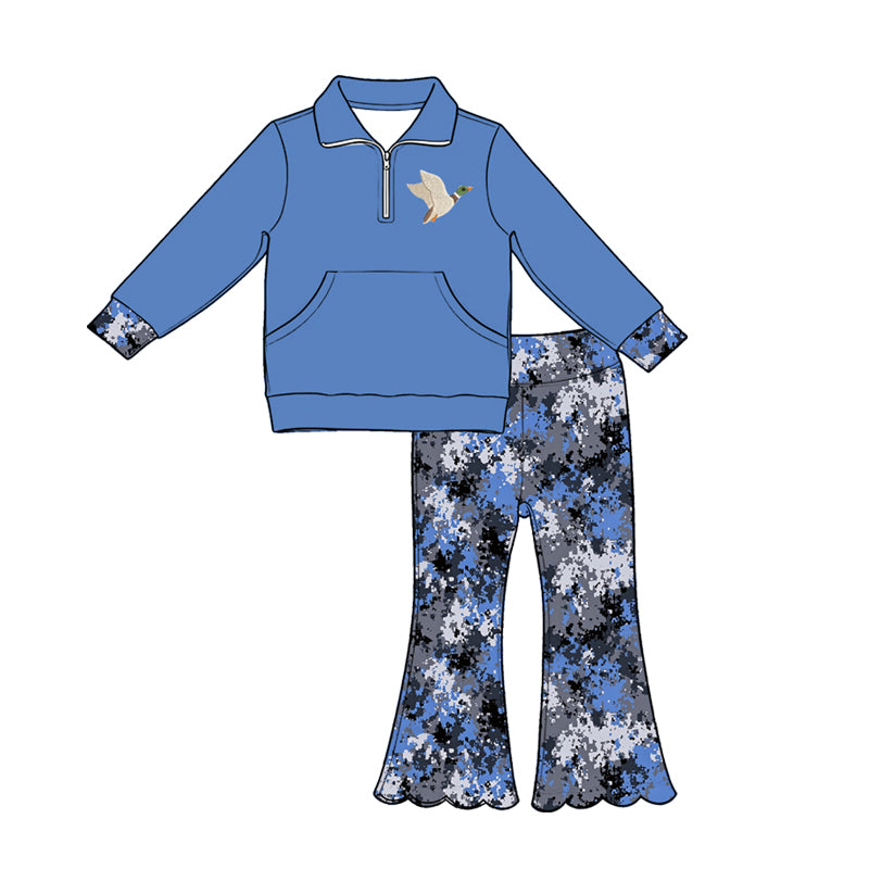 5.1 Pre order No Moq Baby Girls Pocket Zip Pullovers Scallop Flare Pants Hunting Clothes Sets