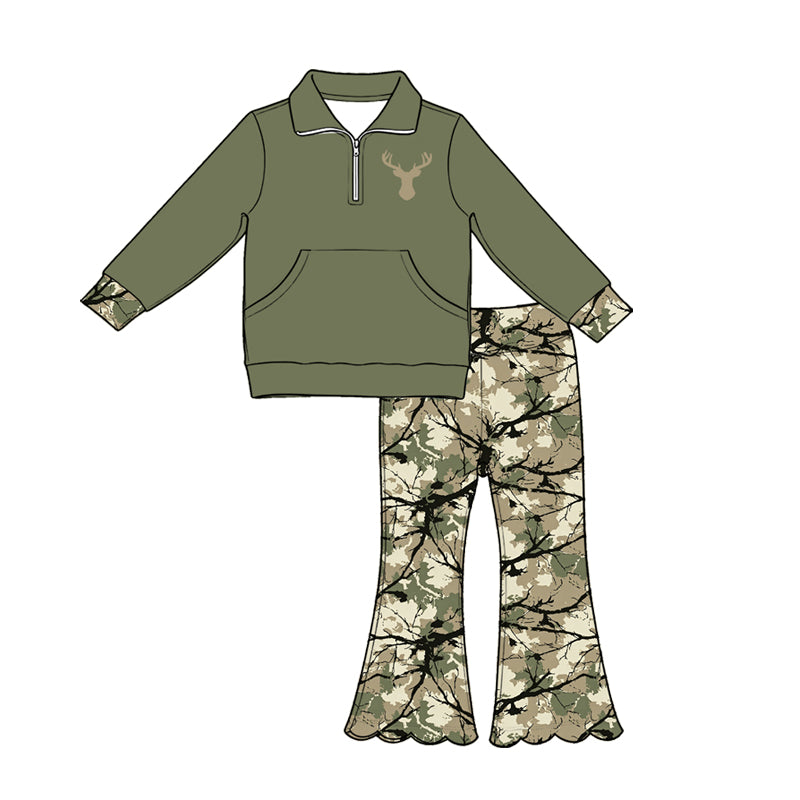 5.1 Pre order No Moq Baby Girls Pocket Zip Pullovers Scallop Flare Pants Hunting Clothes Sets
