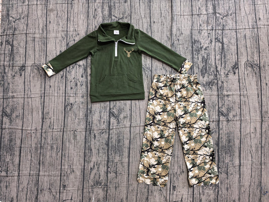 6.11 GLP3369（GT1694+P1035）Sample No Moq  Embroidery Baby Girls Green Deer Embroidery Zip Pocket Top Scallop Full Length Pants Casual Outfit Sets