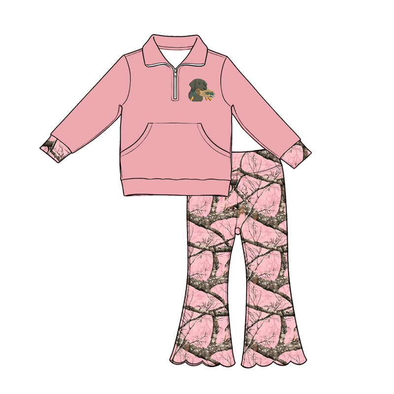 5.1 Pre order No Moq Baby Girls Pocket Zip Pullovers Scallop Flare Pants Hunting Clothes Sets