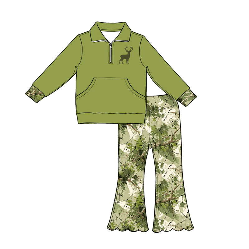 5.1 Pre order No Moq Baby Girls Pocket Zip Pullovers Scallop Flare Pants Hunting Clothes Sets