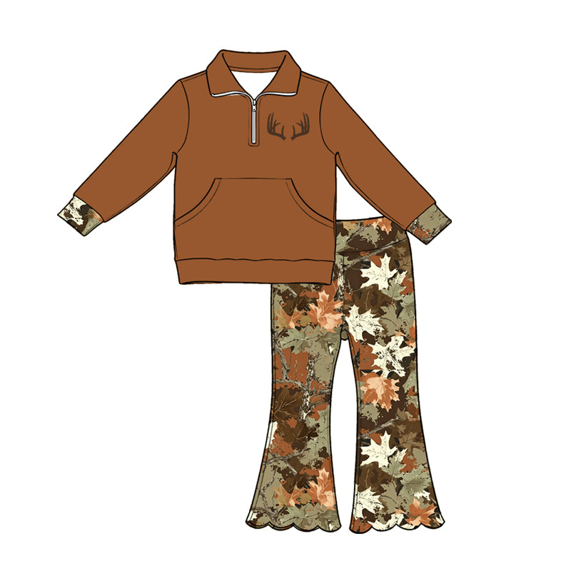 5.1 Pre order No Moq Baby Girls Pocket Zip Pullovers Scallop Flare Pants Hunting Clothes Sets