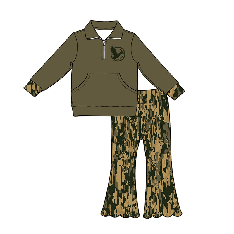 5.1 Pre order No Moq Baby Girls Pocket Zip Pullovers Scallop Flare Pants Hunting Clothes Sets
