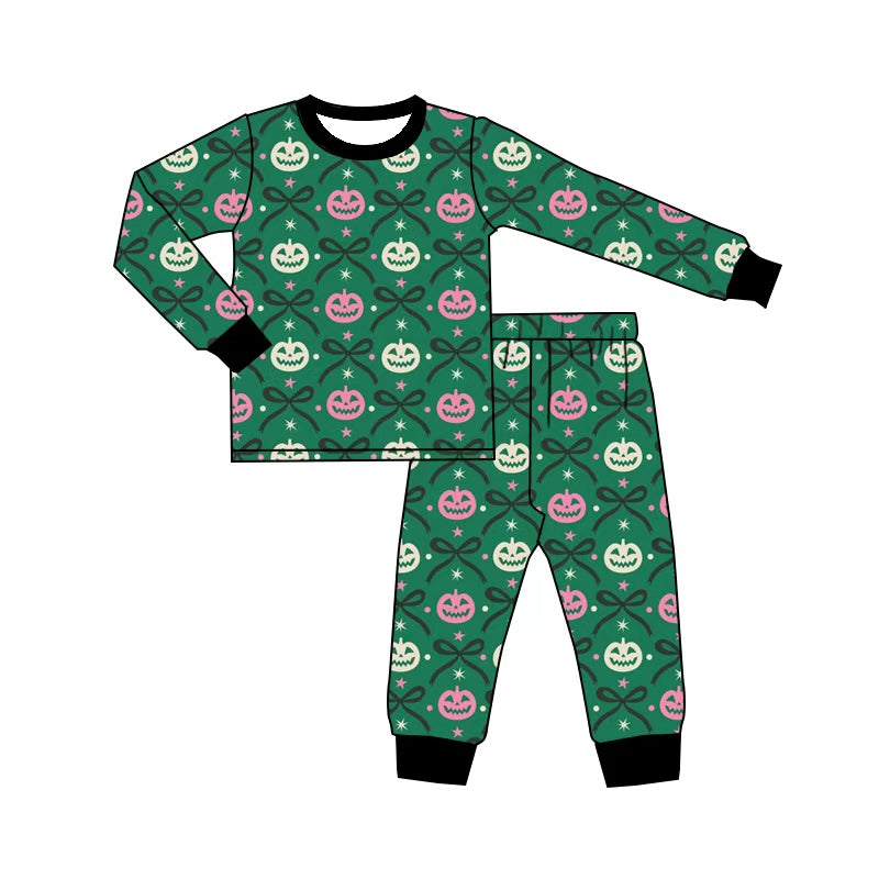5.1 Pre order No Moq Baby Girls Bows Ghost Pumpkins Top Pant Halloween Pajamas Sets