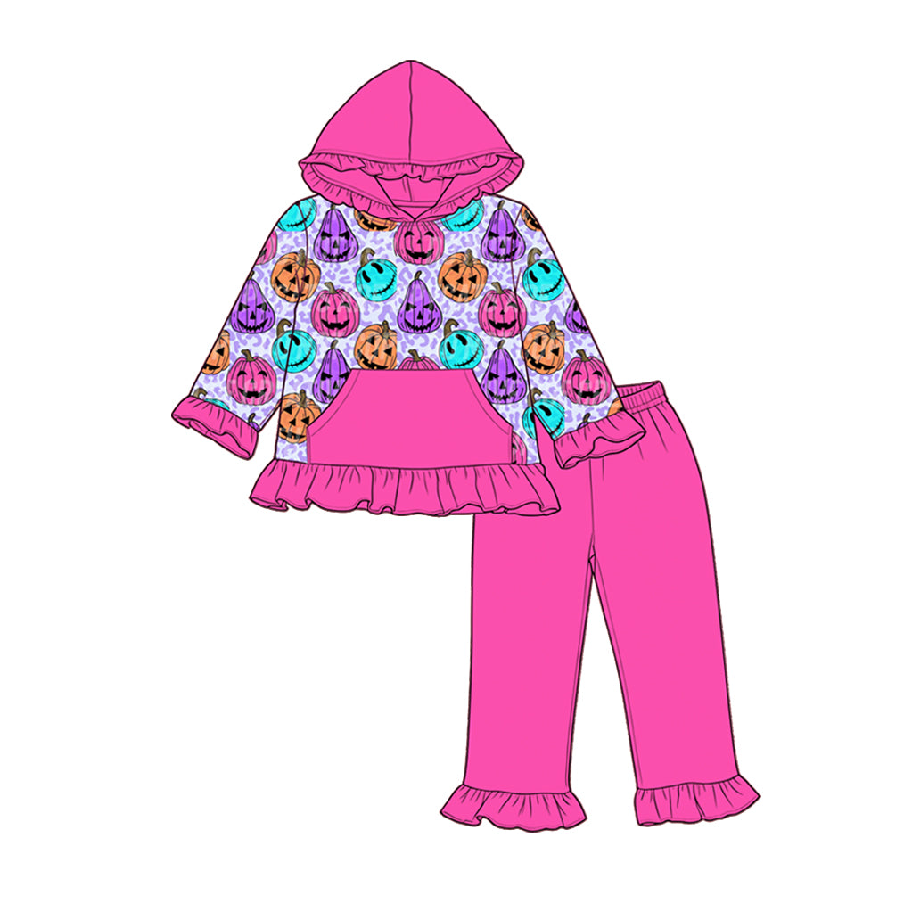 5.9 Pre order No Moq Baby Girls Halloween Pumpkin Long Sleeve Hoodie Ruffle Pants Set
