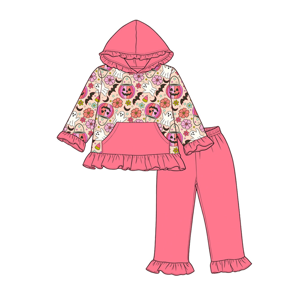 5.9 Pre order No Moq Baby Girls Halloween Pumpkin Long Sleeve Hoodie Ruffle Pants Set
