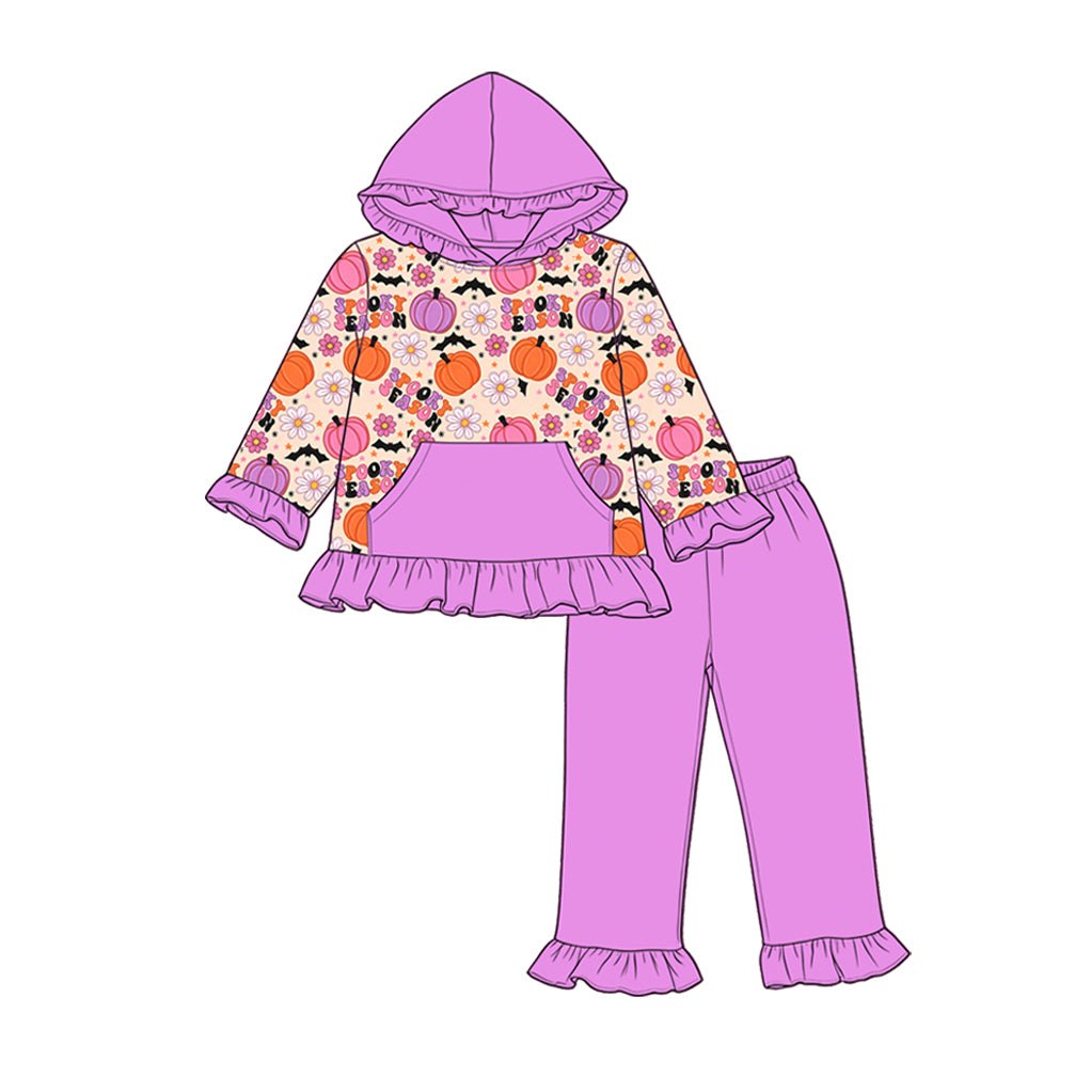 5.9 Pre order No Moq Baby Girls Halloween Pumpkin Long Sleeve Hoodie Ruffle Pants Set