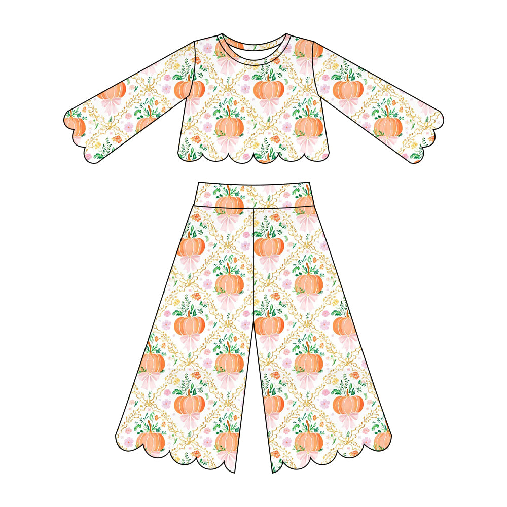 5.15 Pre order No Moq  Baby Girl Floral Pumpkin Print Long Sleeved Scallop Pants Set