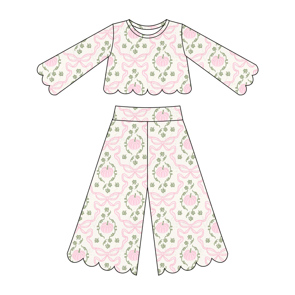 5.15 Pre order No Moq  Baby Girl Floral Pumpkin Print Long Sleeved Scallop Pants Set