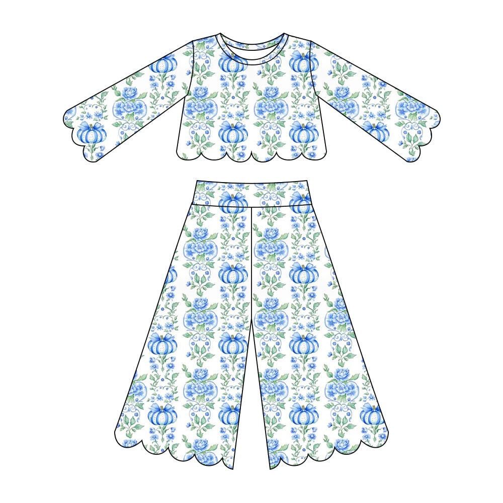 5.15 Pre order No Moq  Baby Girl Floral Pumpkin Print Long Sleeved Scallop Pants Set
