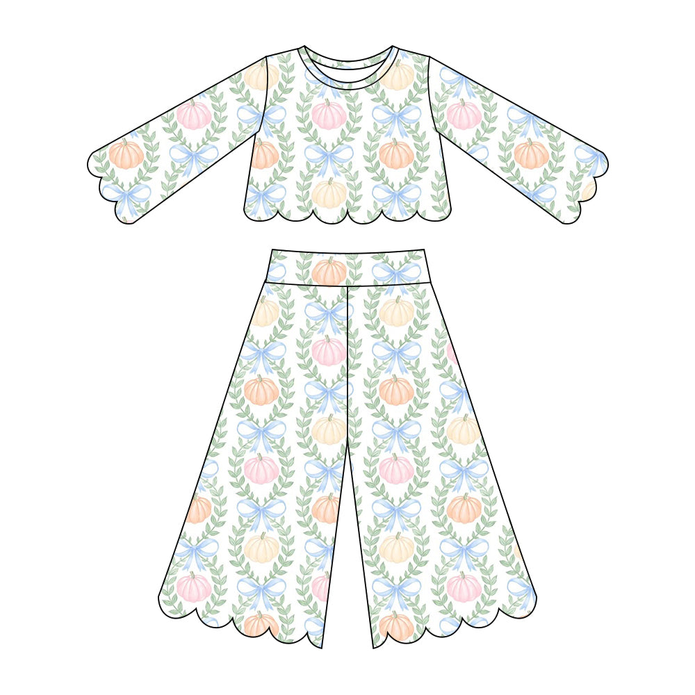 5.15 Pre order No Moq  Baby Girl Floral Pumpkin Print Long Sleeved Scallop Pants Set