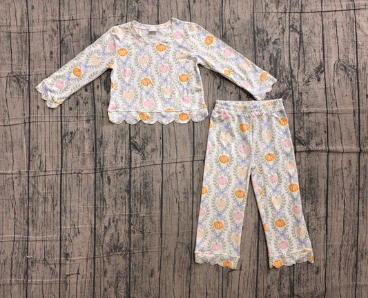 6.10 GLP3395 Sample No Moq Baby Girls Checked Colorful Pumpkin Long Sleeve Top Scallop Edge Flare Pant Fall Holiday Clothes Set