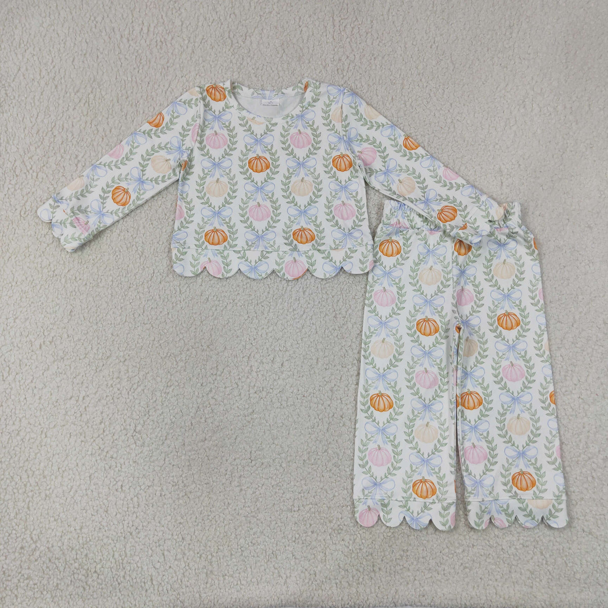 RTS NO MOQ Sibling milk silk Baby Girls Pumpkin Floral Print Scallop Edge Long Sleeve Top And Pant Set