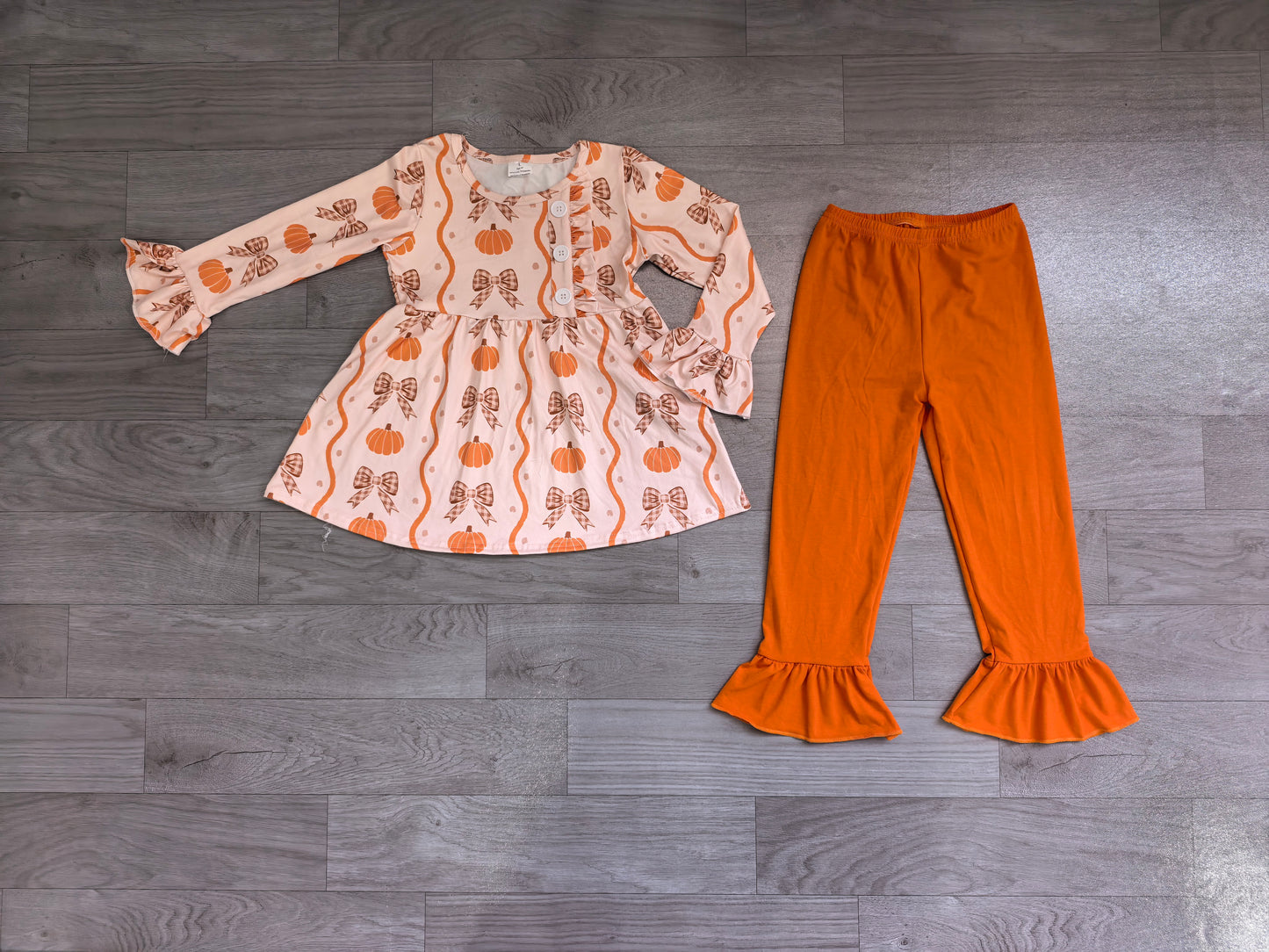 GLP3396 Sample No Moq Baby Girls Pumpkin Bow Button Tunic Long Sleeve Ruffle Pants Wear Sets