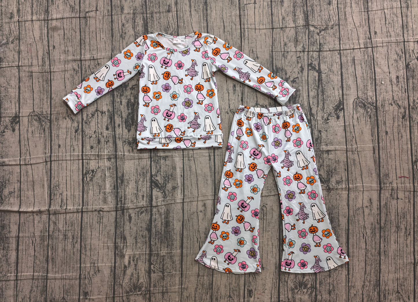 6.10 GLP3401 Sample No Moq Baby Girls Floral Ghost Long Sleeve Shirt Flare Pant Halloween Party Clothes Set