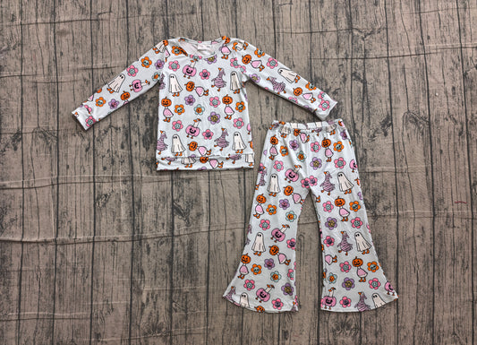 6.10 GLP3401 Sample No Moq Baby Girls Floral Ghost Long Sleeve Shirt Flare Pant Halloween Party Clothes Set