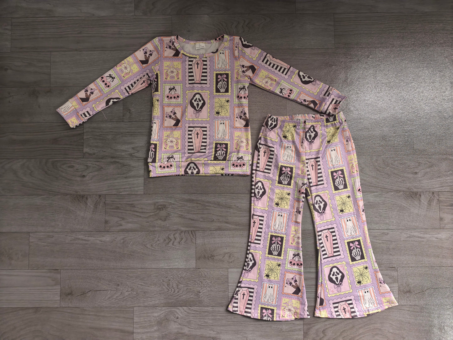 GLP3402 Sample No Moq Baby Girls Spider Ghosts Shirt Top Flare Pant Halloween Clothes Sets