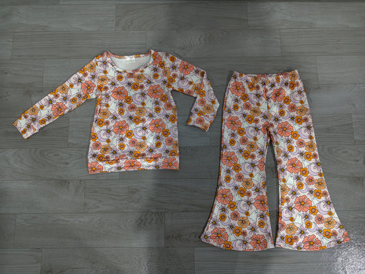 GLP3404 Sample No Moq Baby Girls Flower Ghost  Long Sleeve Tops Fashion Flare Pant Halloween Wear