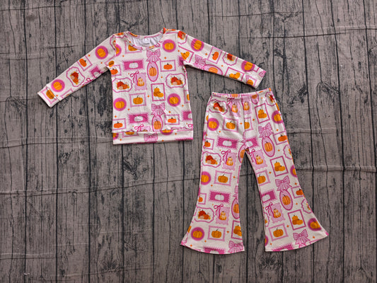 6.10 GLP3405 Sample No Moq Baby Girls Plaid Bow Pumpkin Long Sleeve Shirt Flare Pant Fall Holiday Clothes Set