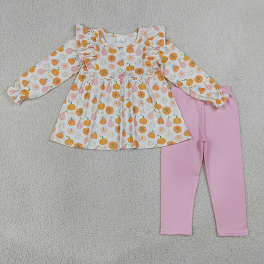 RTS NO MOQ Sibling milk silk Baby Girls Fall Pumpkin Print Tunic Top Matching Legging Pant Clothes Set  Ruffle Rompers