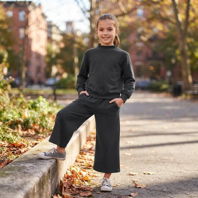 RTS NO MOQ （In stock） cotton GLP3411 Baby Girls Solid Black Pocket Long Sleeve Top Flare Pants Sleepwear Set