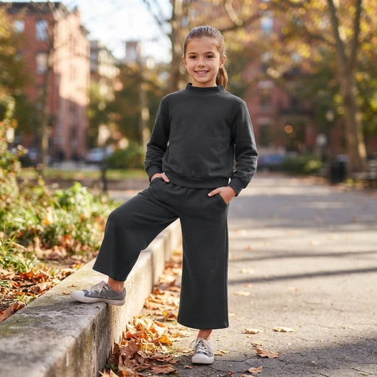 RTS NO MOQ （In stock） cotton GLP3411 Baby Girls Solid Black Pocket Long Sleeve Top Flare Pants Sleepwear Set