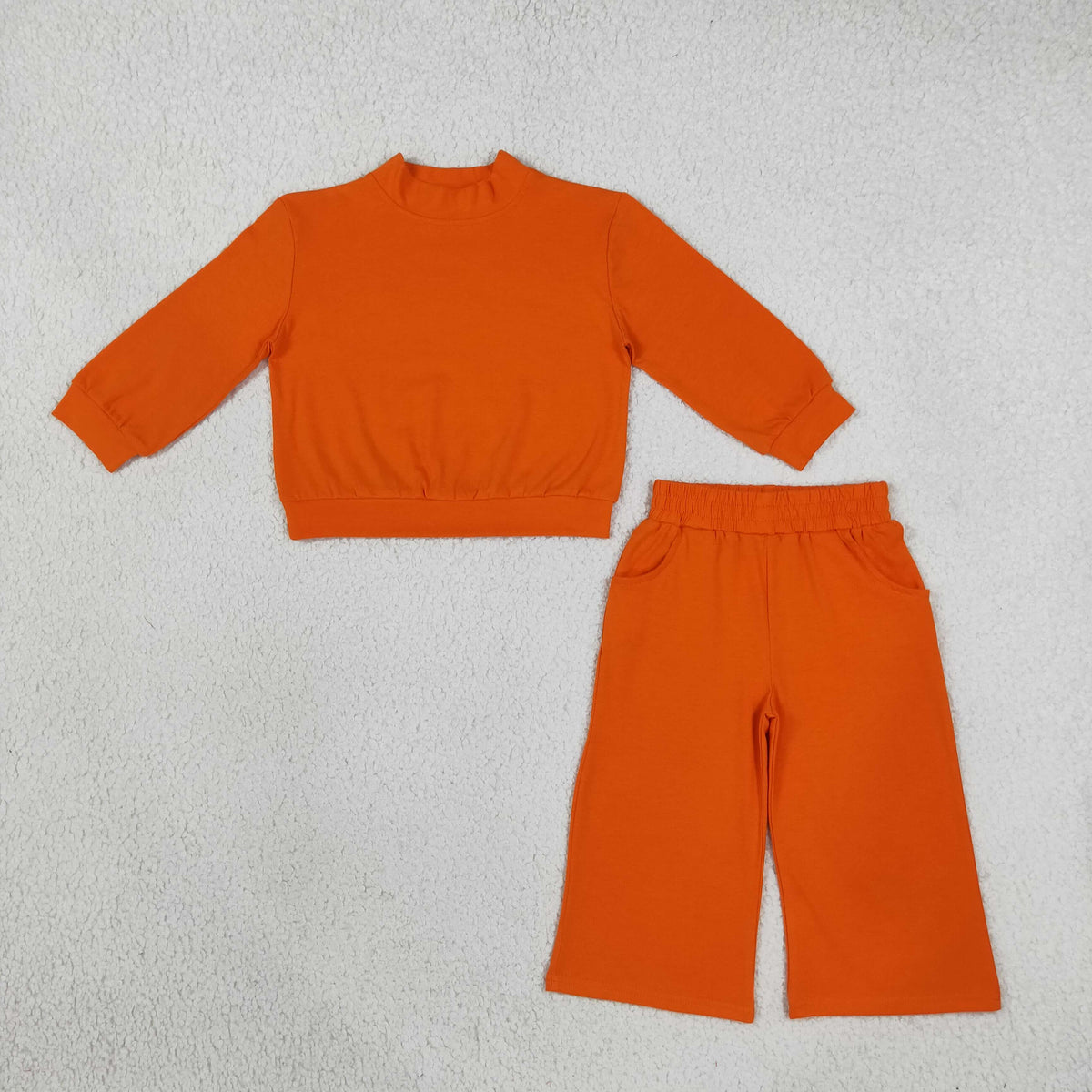 RTS NO MOQ （In stock）cotton GLP3414 High Neck Baby Girls Orange Pocket Casual Long Sleeve Top Flare Pants Sleepwear Set