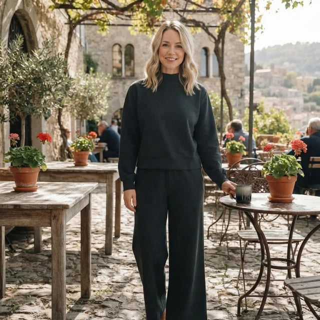 RTS NO MOQ  cotton GLP3416 Adult Women Black Solid Long Sleeve Top And Flare Pant Fall Pajamas Set