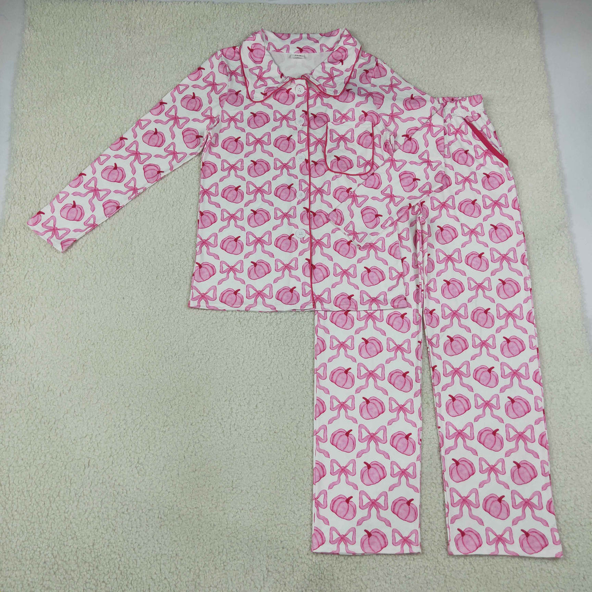 RTS NO MOQ （In stock）milk silk GLP3423 Adult Women Cute Bow Pumpkin Print Button Front Long Sleeve Top Pocket Pant Fall Pajama Set