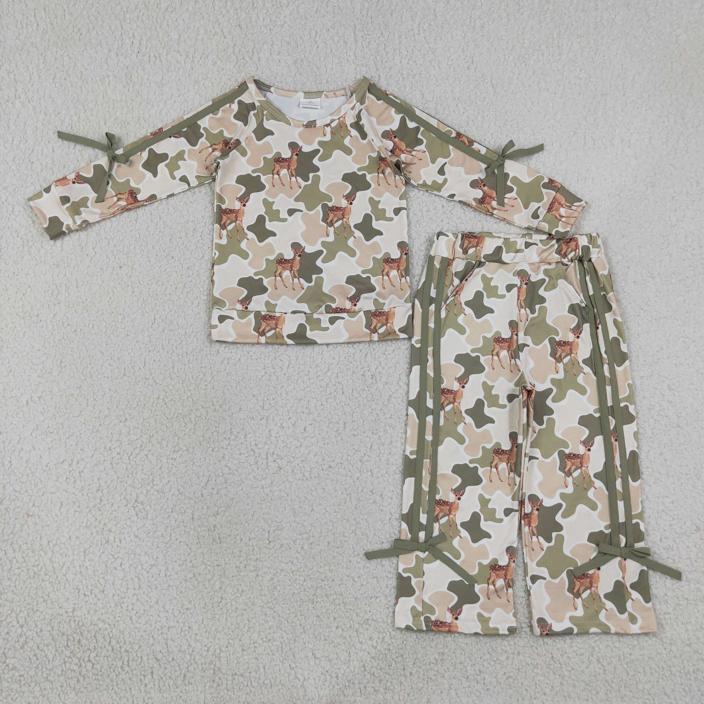 RTS NO MOQ Sibling milk silk Baby Girls Top Pockets Bows Pant Sets