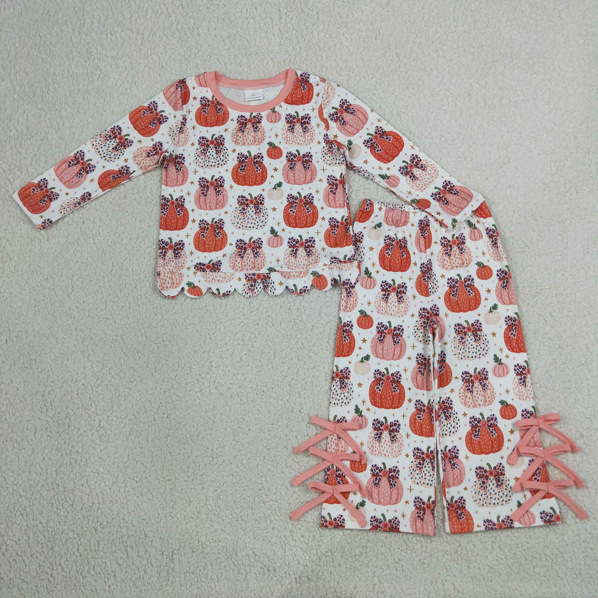 RTS NO MOQ milk silk GLP3435 Baby Girls Leopard Bows Pumpkins Scallop Top Bows Pants Fall Clothes Set