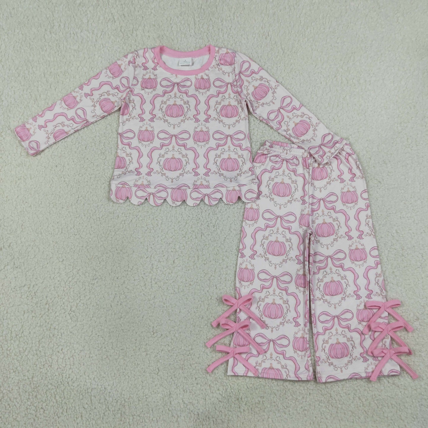RTS NO MOQ milk silk GLP3437 Baby Girls Bows Pumpkins Checked Scallop Top Bows Pants Set