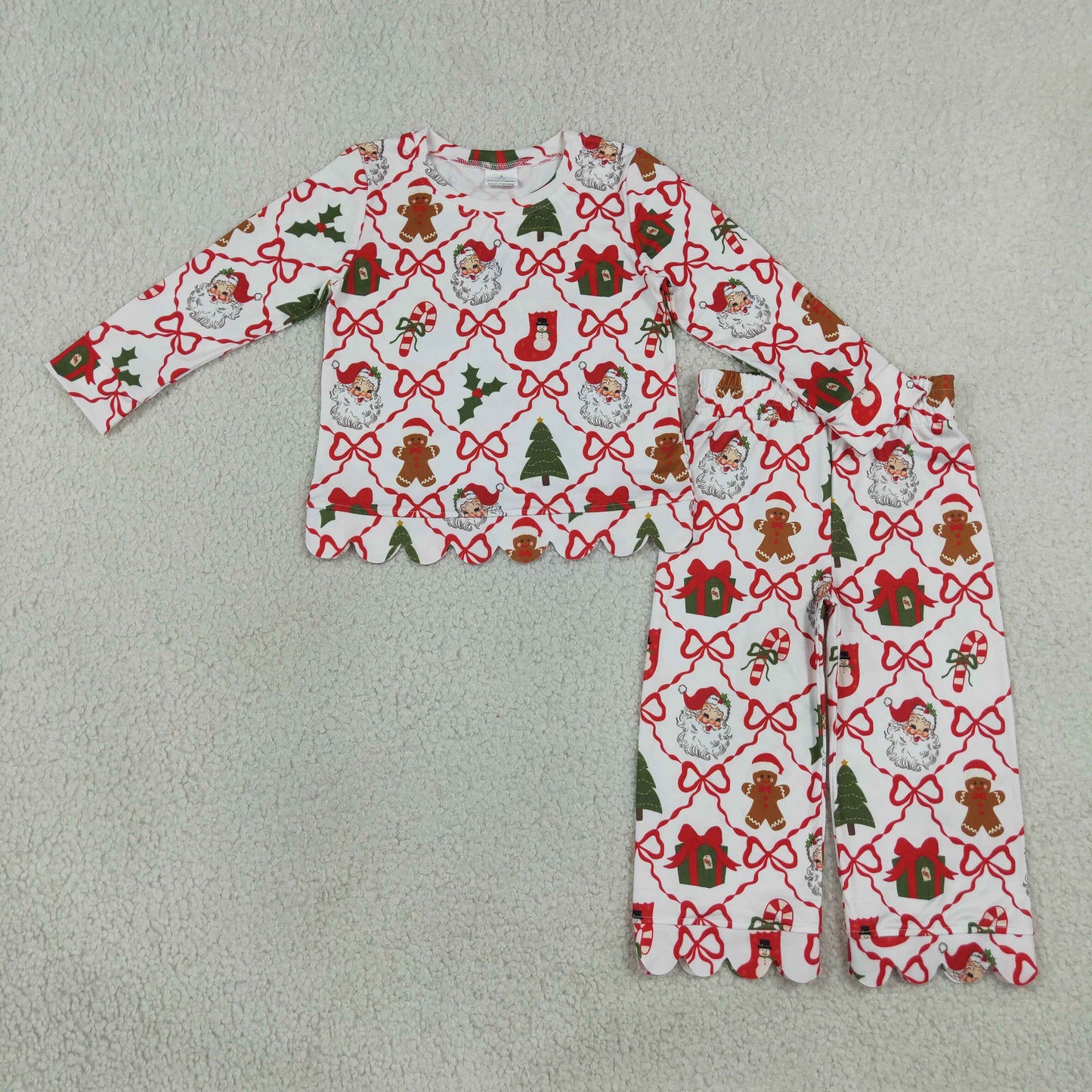 RTS NO MOQ milk silk GLP3447 Baby Girls Santa Tree Plaid Bow Long Sleeve Top Flared Pants Sets