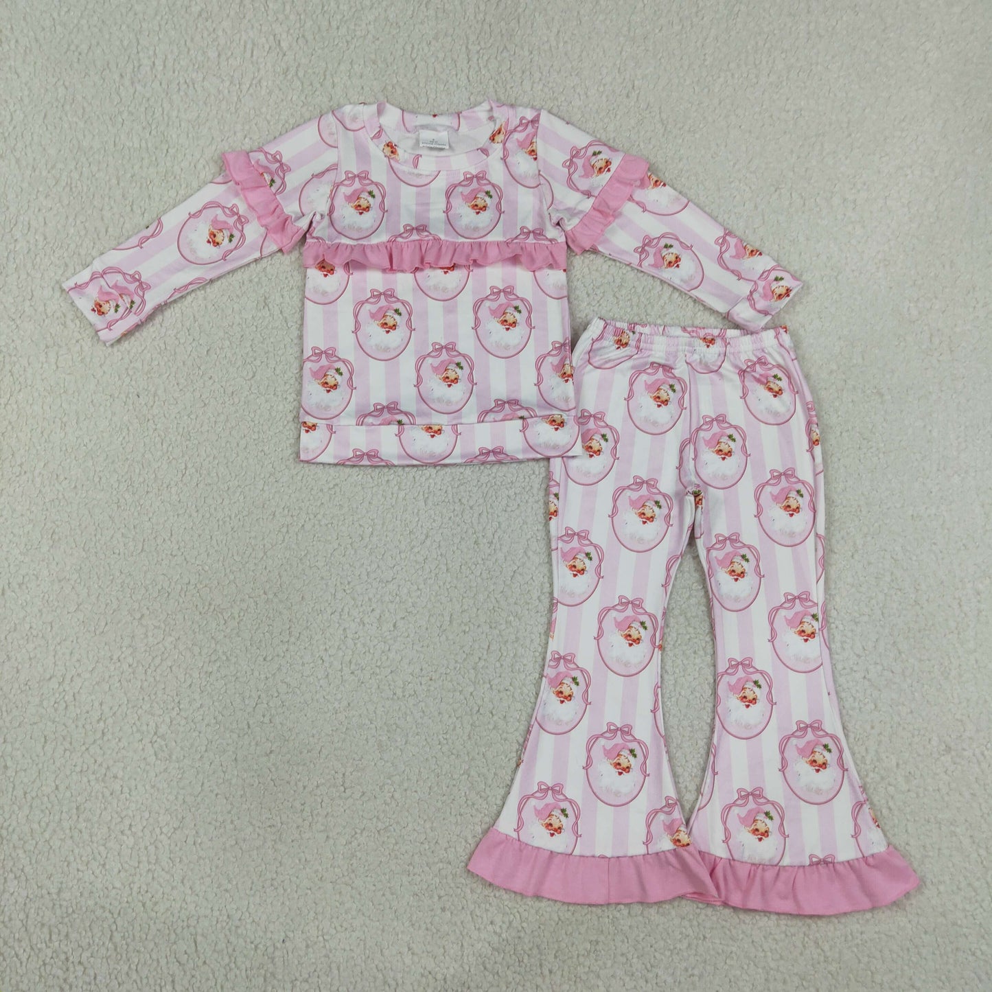 RTS Sibling Pink ruffle stripe santa bow kids girls Christmas outfits