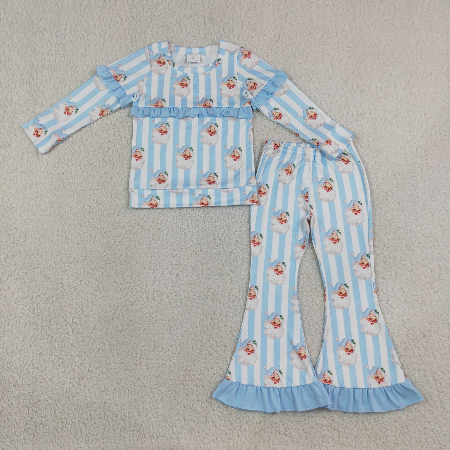 RTS NO MOQ milk silk GLP3451 Baby Girls Blue Bow Santa Stripe Print Long Sleeve Top Bell Bottom Flare Pants Christmas Set