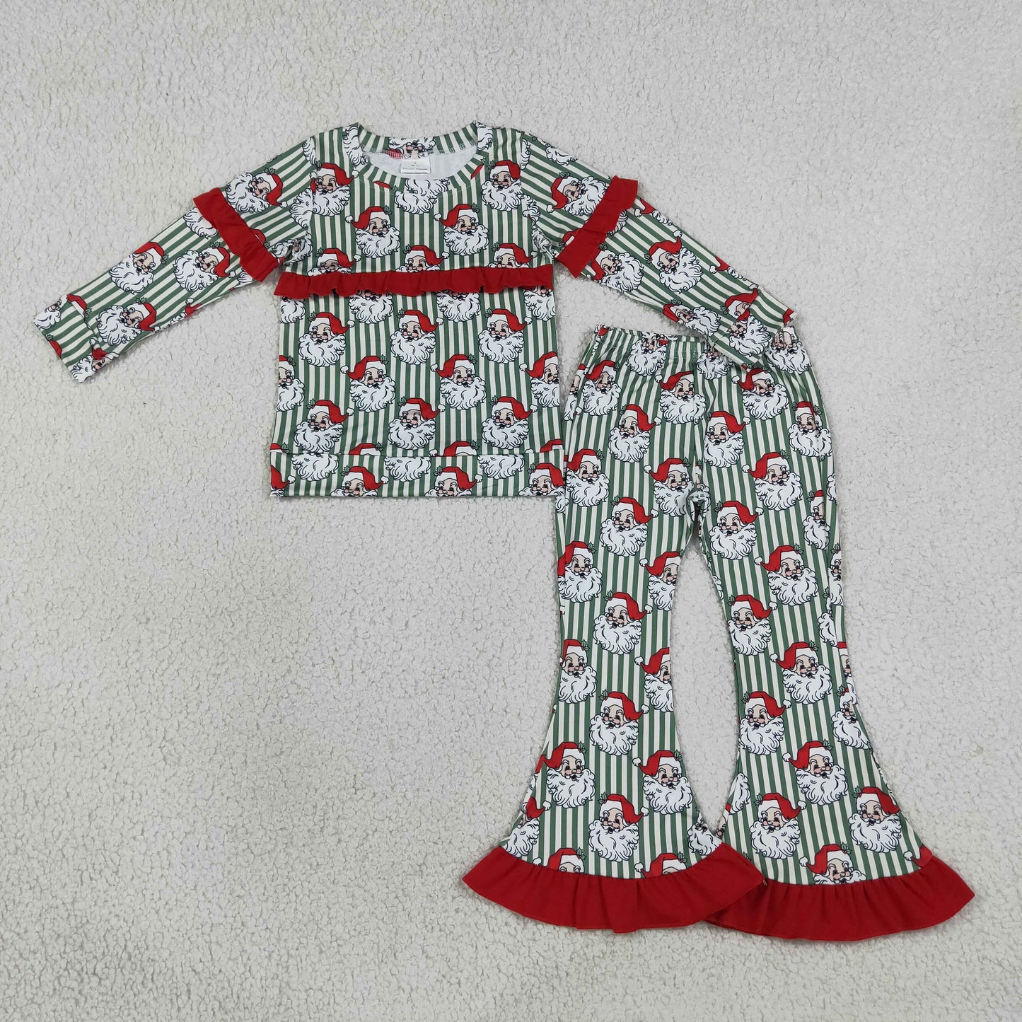 GLP3452 RTS NO MOQ （In stock）milk silk Baby Girls Santa Green Stripe Print Long Sleeve Top Bell Bottom Flare Pants Christmas Set