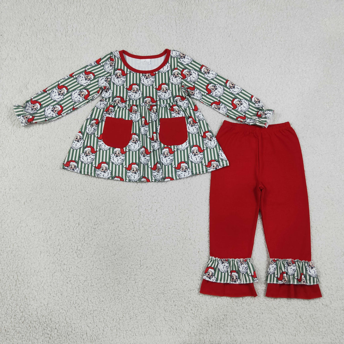 RTS NO MOQ Sibling milk silk Girls Christmas Print Long Sleeve Pocket Tunic Top And Ruffle Hem Pants Sibling Matching Outfit