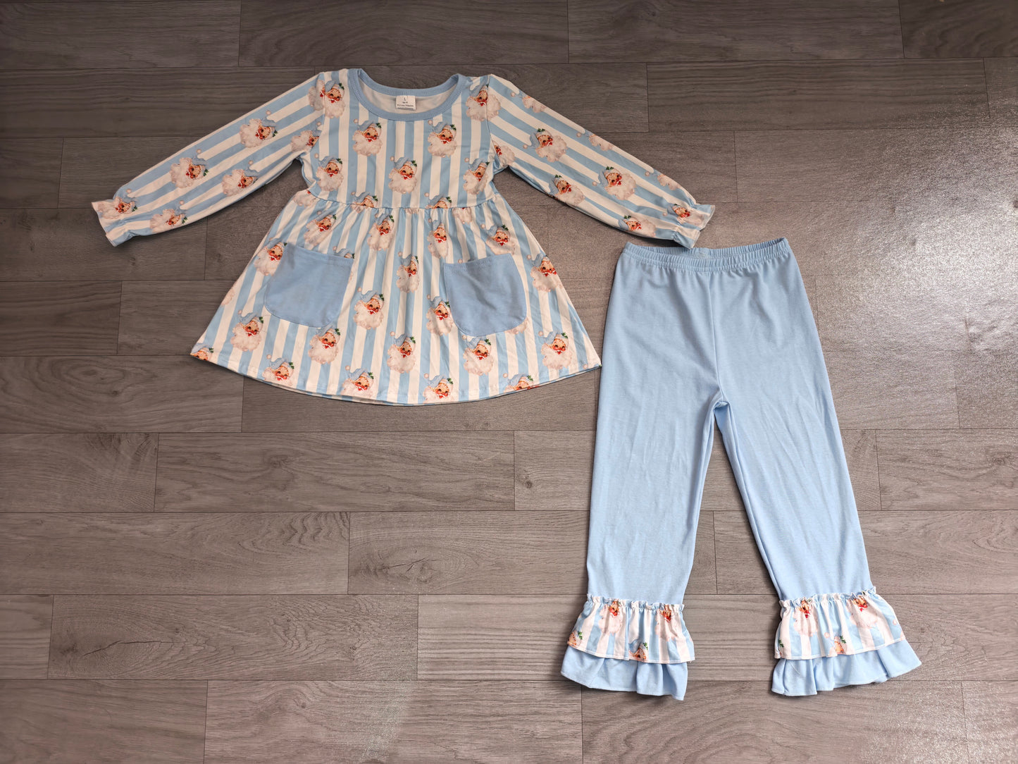 GLP3455 Sample No Moq Baby Girls Blue Stripe Santa Pockets Tunic Ruffle Pant Christmas Clothes Set