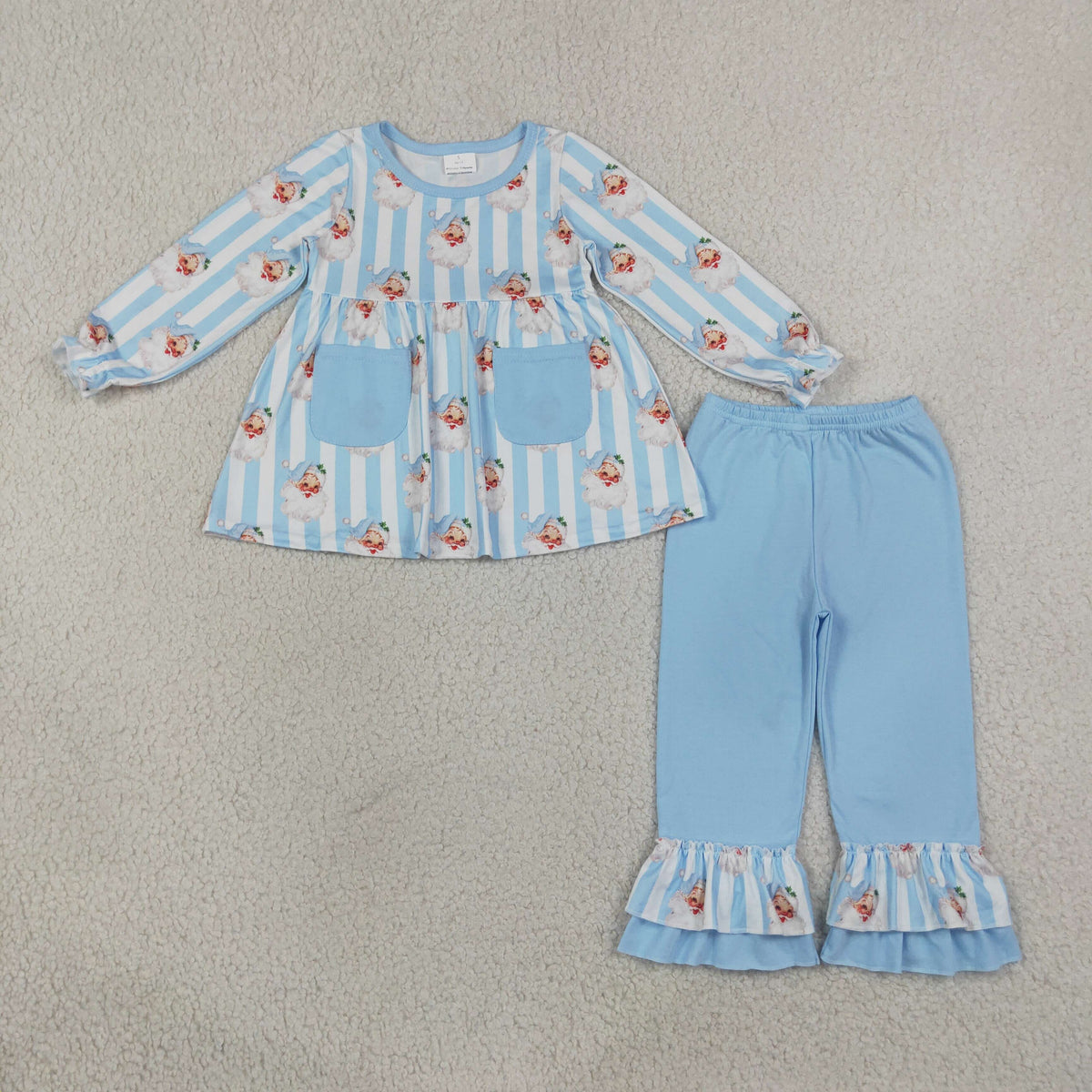 RTS NO MOQ Sibling milk silk Baby Girls Blue White Stripe Santa Print Ruffle Long Sleeve Top And Bell Bottom Pants Christmas Outfit