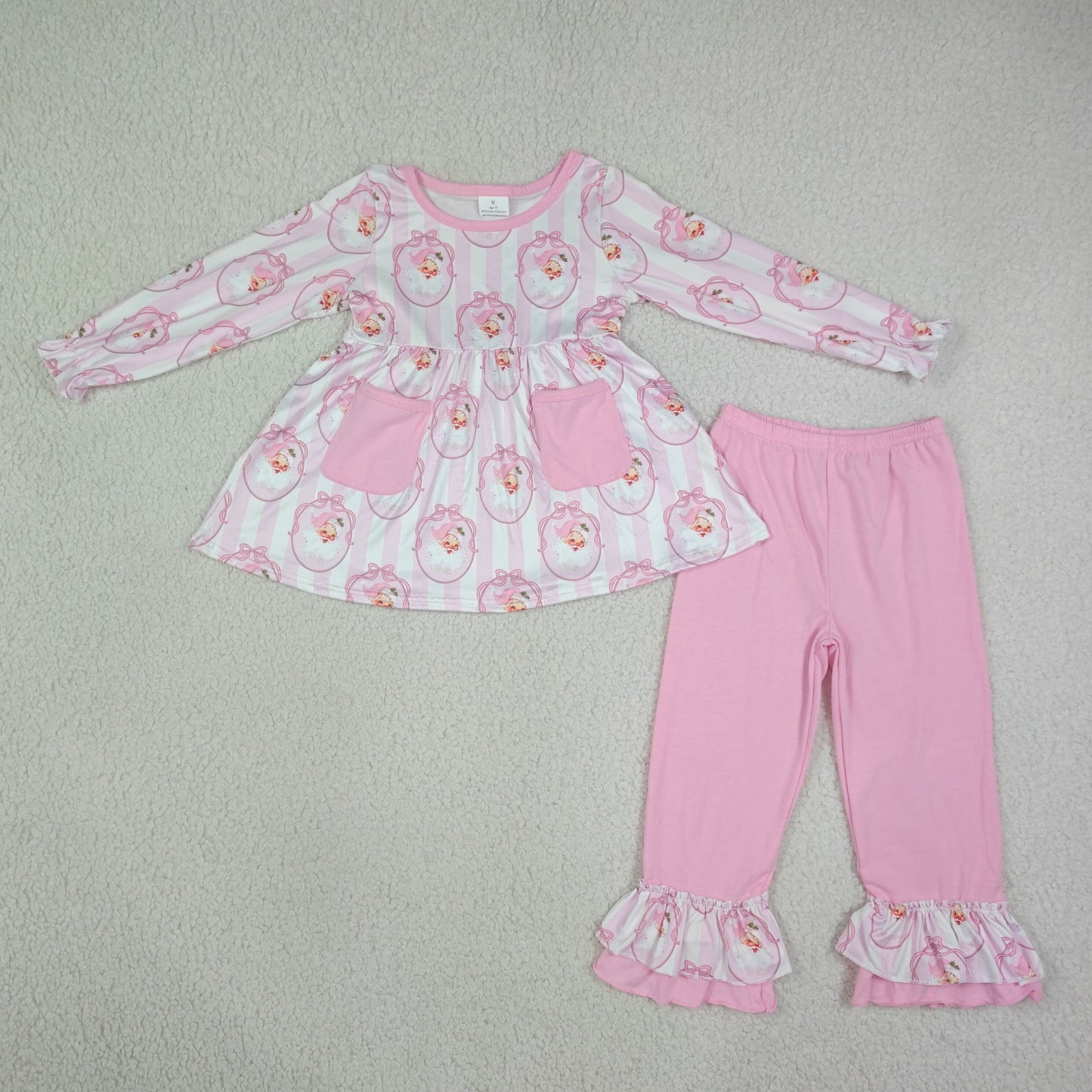 RTS Sibling Pink ruffle stripe santa bow kids girls Christmas outfits