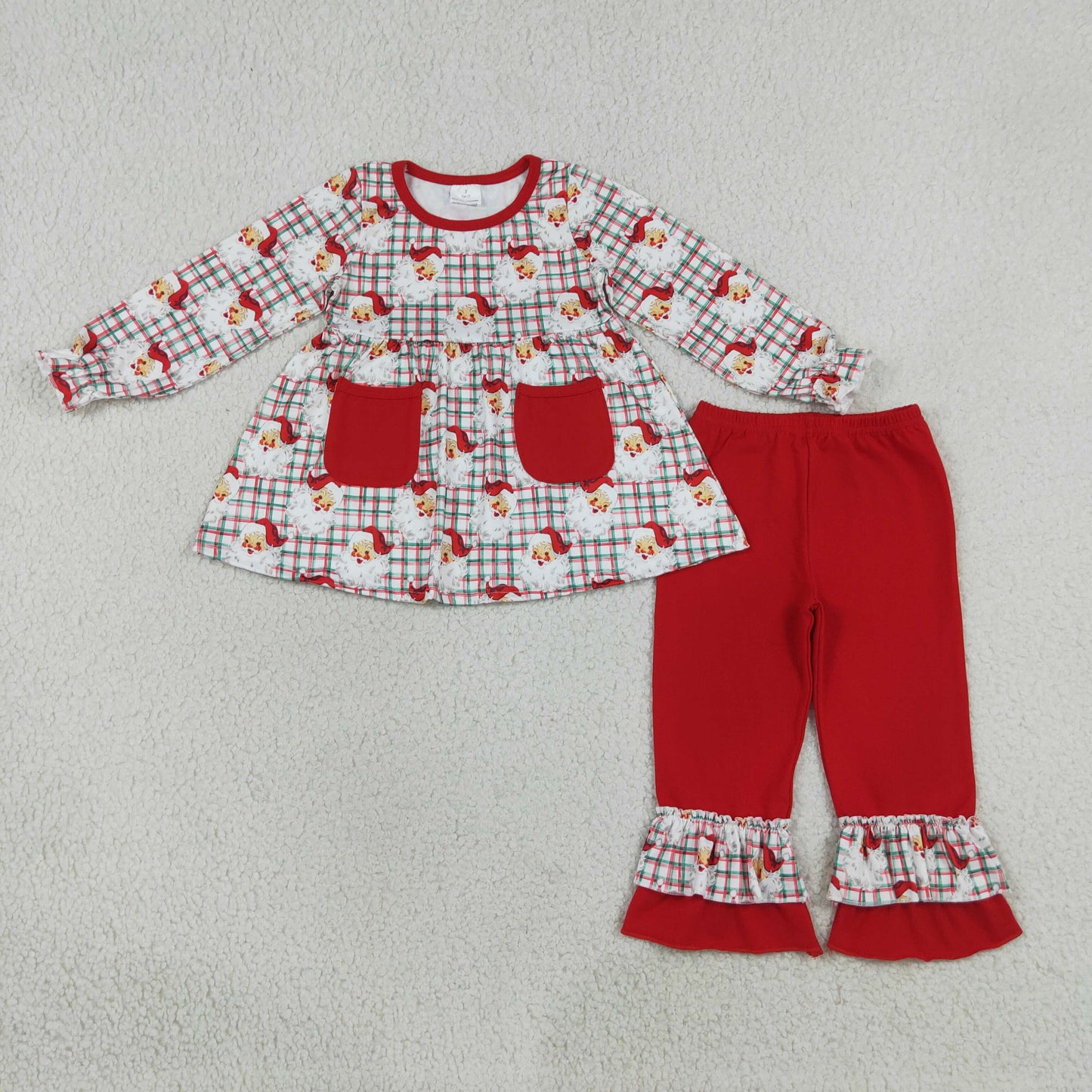GLP3457 RTS NO MOQ （In stock）milk silk Baby Girls Red Green Checked Santa Print Pocket Long Sleeve Tunic Ruffle Pants Christmas Clothes Set