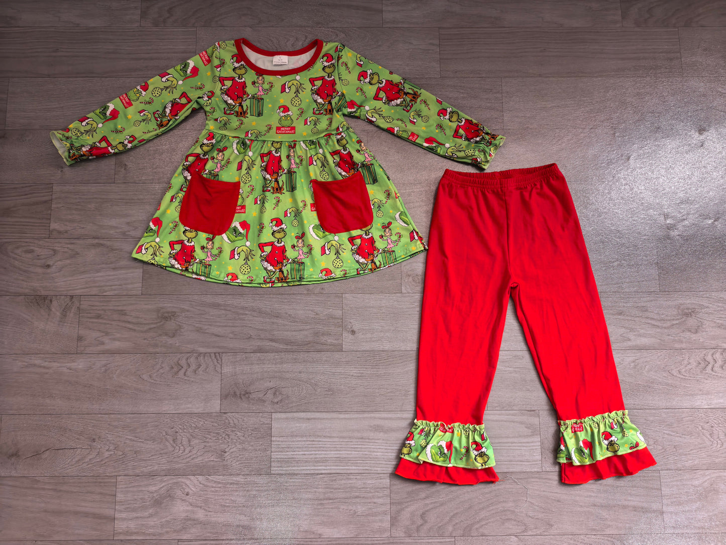 GLP3459 Sample No Moq Baby Girls Green Frogs Gifts Pockets Tunic Ruffle Pant Christmas Clothes Set