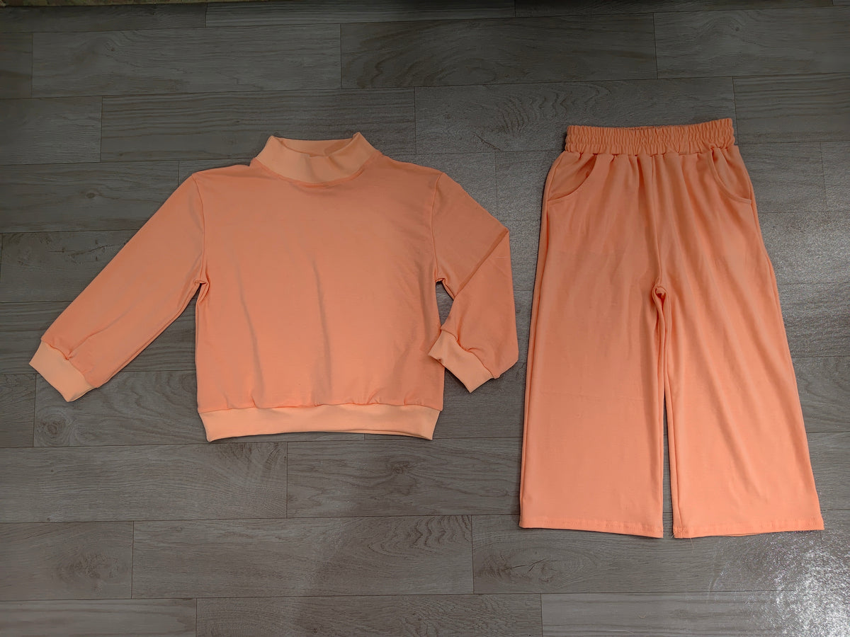 Sample No Moq moq cotton moq cotton GLP3471 Baby Girls Peach Long Sleeve Shirt Top Pockets Flare Pant Clothes Set