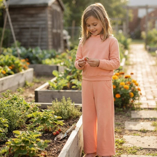 RTS NO MOQ （In stock）cotton GLP3471 High Neck Baby Girls Orange Pocket Long Sleeve Top Flare Pants Sleepwear Set