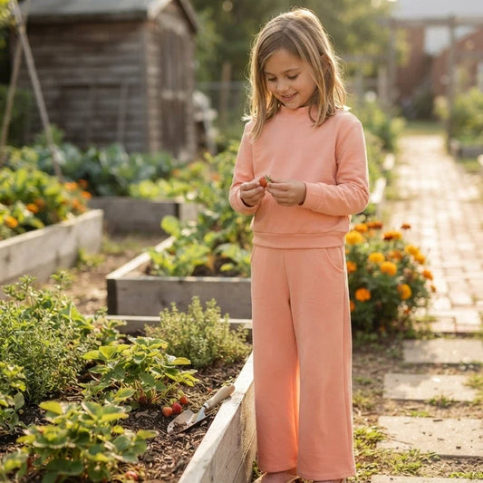 RTS NO MOQ （In stock）cotton GLP3471 High Neck Baby Girls Orange Pocket Long Sleeve Top Flare Pants Sleepwear Set