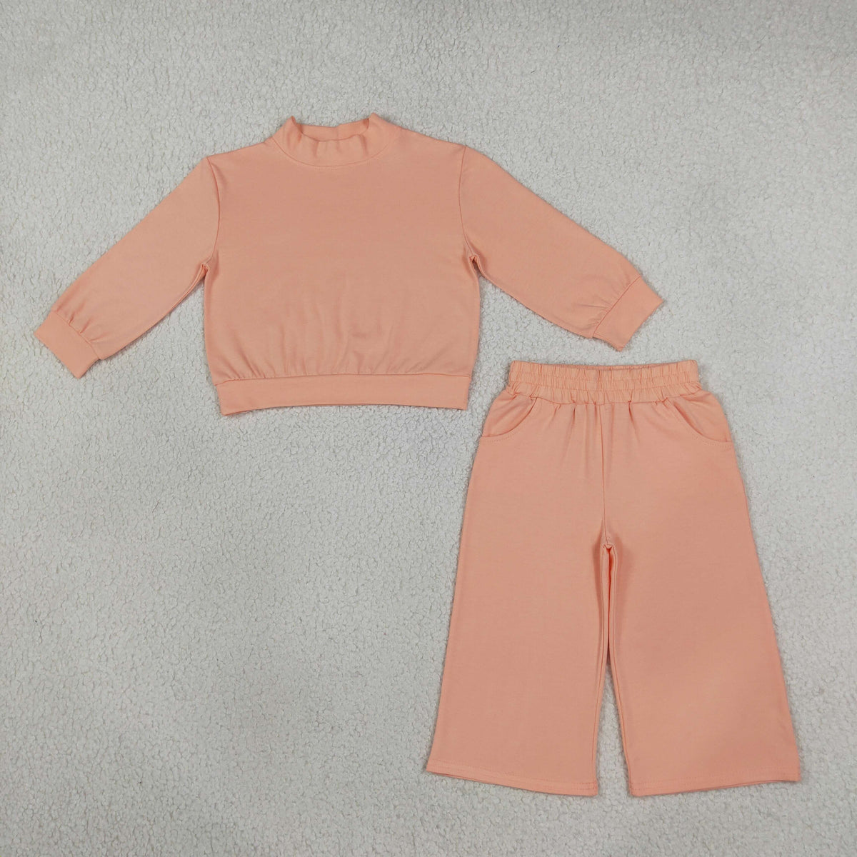 RTS NO MOQ （In stock）cotton GLP3471 High Neck Baby Girls Orange Pocket Long Sleeve Top Flare Pants Sleepwear Set