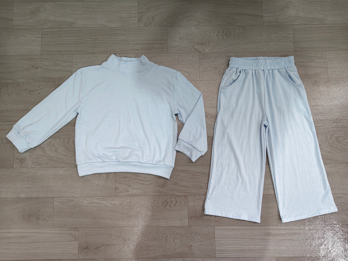 Sample No Moq moq cotton moq cotton GLP3472 Baby Girls Light Blue Long Sleeve Shirt Top Pockets Flare Pant Clothes Set